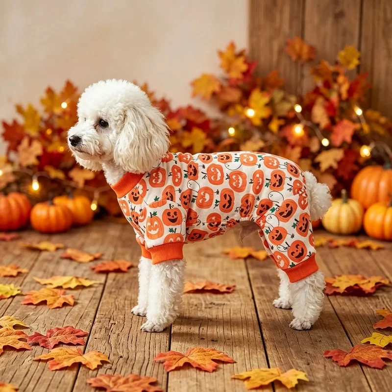 Halloween Pumpkin Ghost Dog Four Leg Jumpsuit Orange Bodysuit Pet Onesie Pajama Outfit For Small Medium Dogs Cats Loungewear