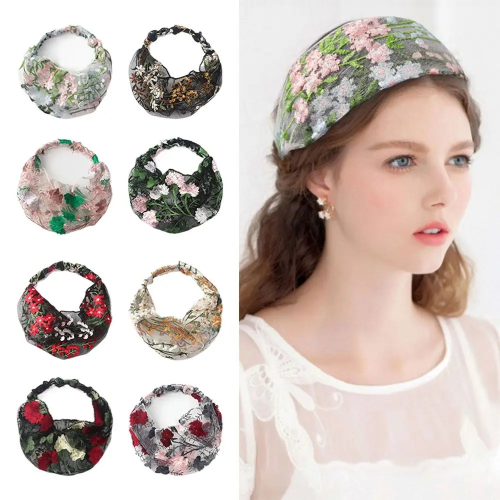 Creative Multicolor Embroidered Headscarf Thin Wide Edge Flower Pattern Headband Floral Ethnic Lace Headwear Female