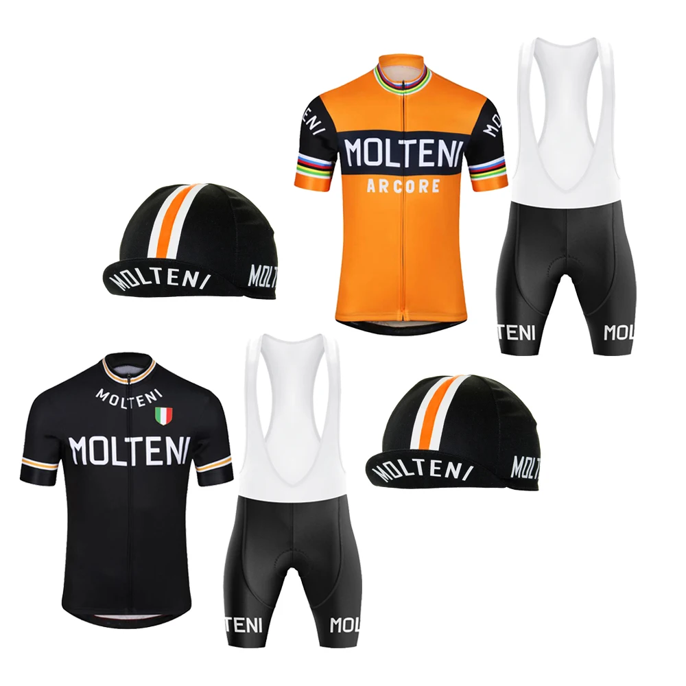 Molteni-Conjunto de Ropa de Ciclismo Retro para Hombre, Jersey negro para bicicleta de montaña, pantalones cortos con pechera, gorra de Ciclismo