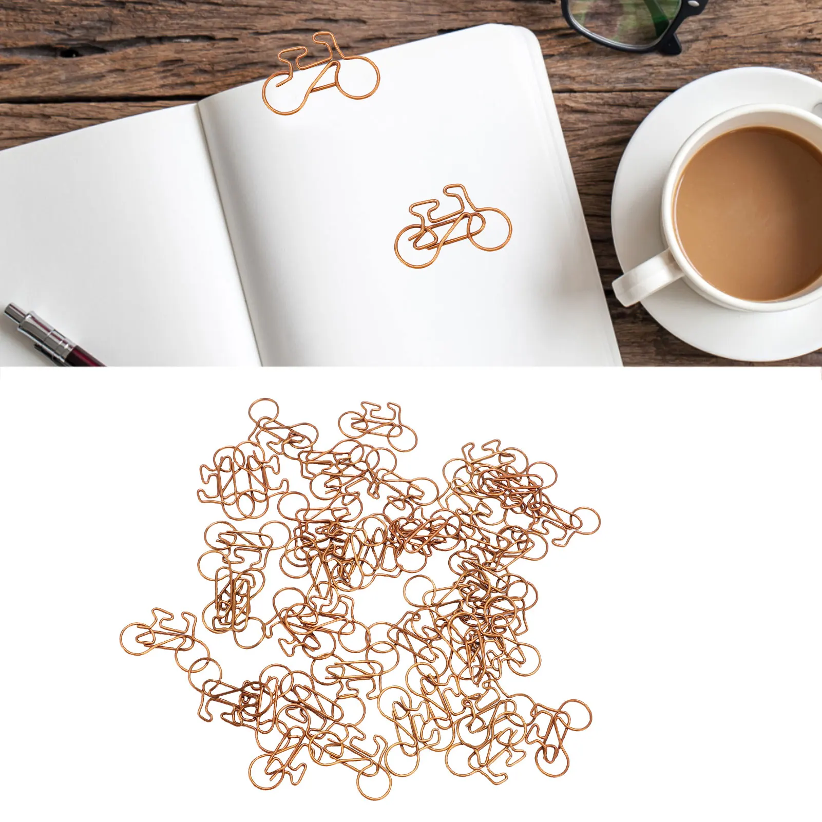 

100 шт. скрепки в форме велосипеда, милые и интересные бронзовые металлические зажимы для документов, скрапбуков, прозрачная коробка