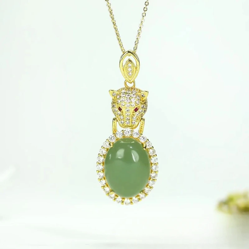 Natural Jade Dongling Jade Leopard Head Water Drop Egg Surface Sweater Chain Pendant