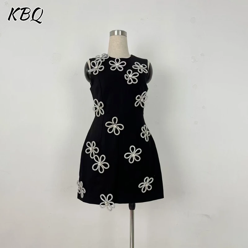 

KBQ Solid Spliced Appliques Slimming Mini Dresses For Women Round Neck Sleeveless Tunic Temperament A Line Dress Female Fashion