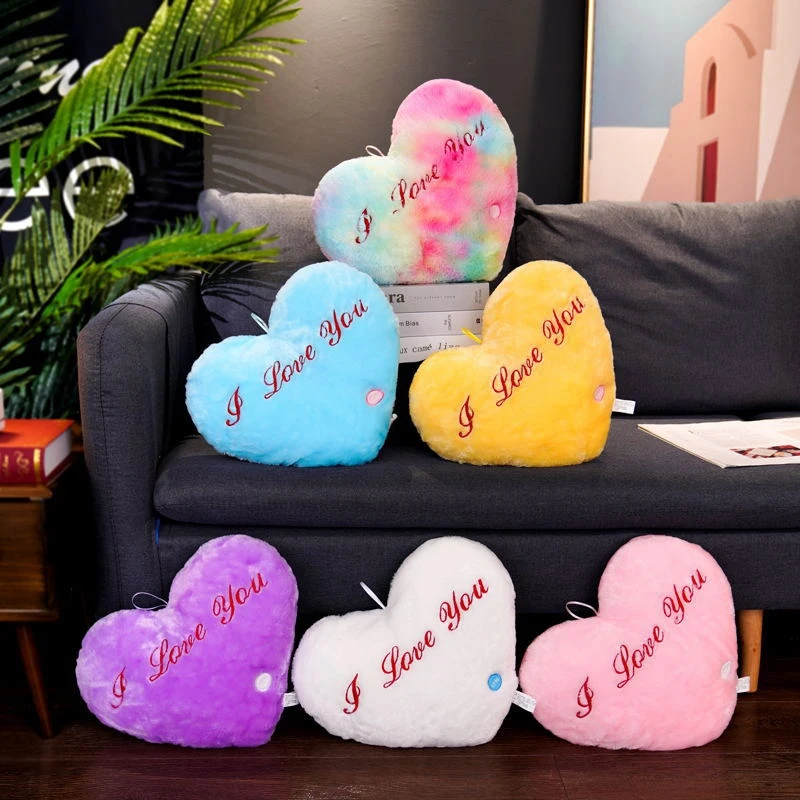 Almohada de felpa con forma de corazón brillante de 36x30cm, cojín que cambia, almohada brillante, muñeco de peluche, juguetes con luz LED