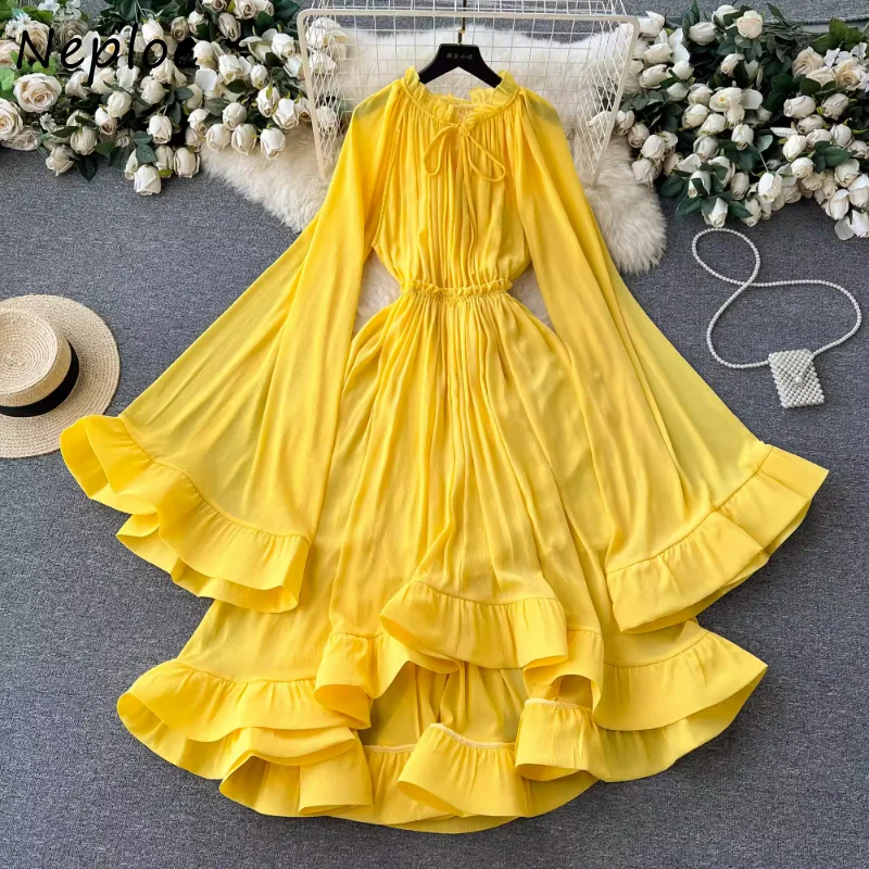 

Neploe Elegant Vintage O-neck Lace Dress for Women Summer Flare Sleeve Ruffles Dresses Y2k E-Girl Slim Waist Vestidos Mujer