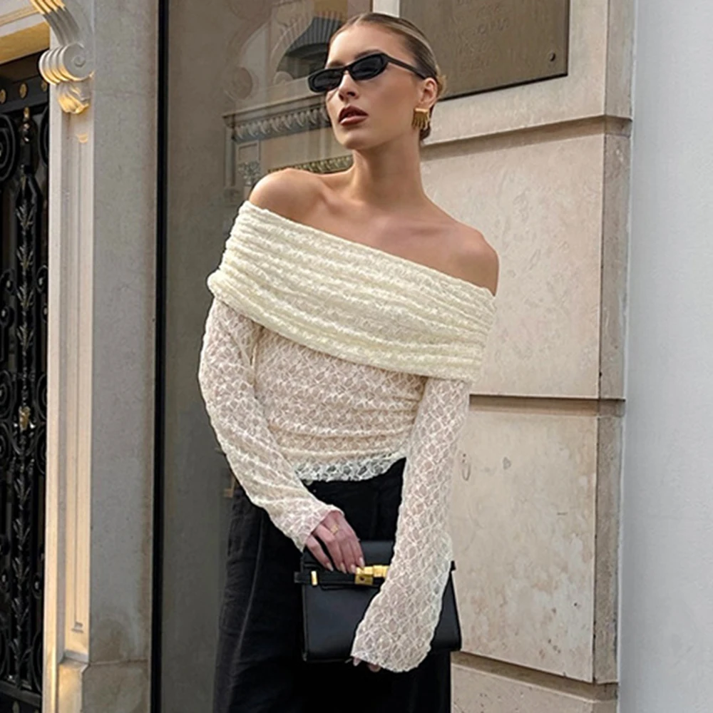 

Women Sexy One Shoulder Top Fashion Hollow Out See-Through Pleated Lace Top Elegant High Street Party Slim Female Tops