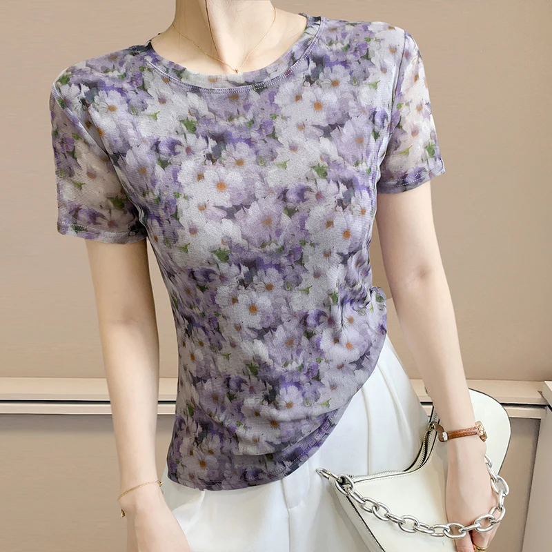 Elegant Floral Print T-Shirts Women Summer: Slim Fit Short Sleeve Blouse with Sheer Overlay for Casual Wea