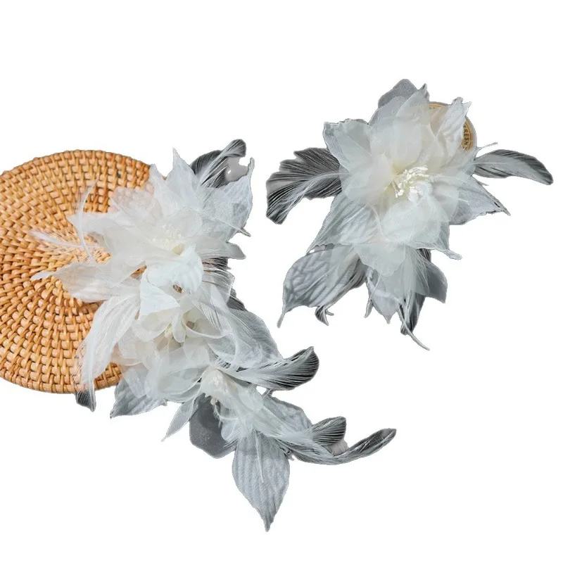 

New handmade feather flower exquisite white bridal jewelry super fairy organza flower hairpin