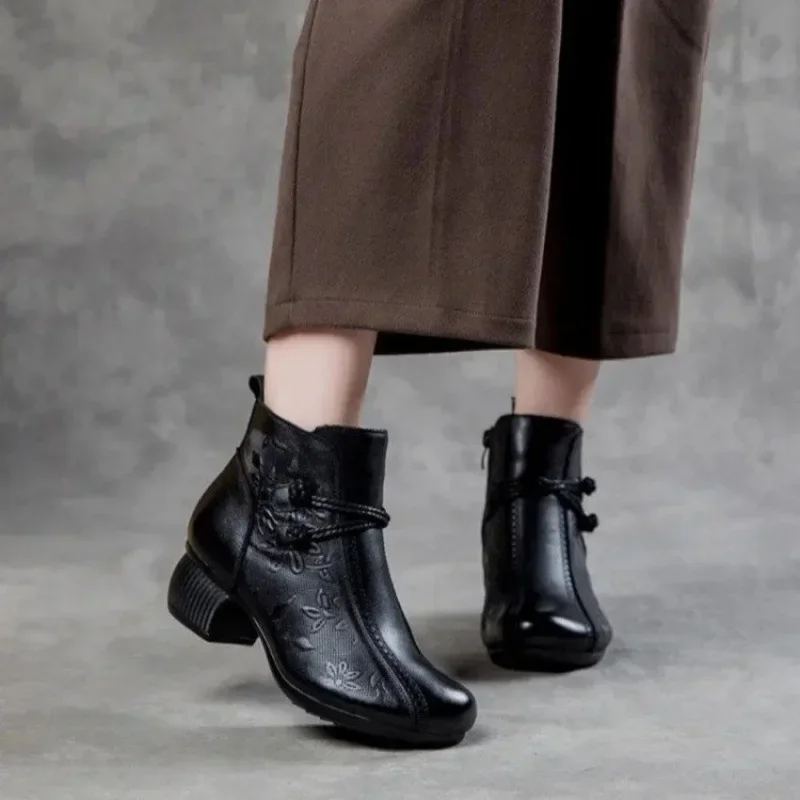 Printed High Heels with Hollowed Out Short Boots for Women Comfort Zipper Anti Slip Waterproof Simple Durable Leather Boots 2025