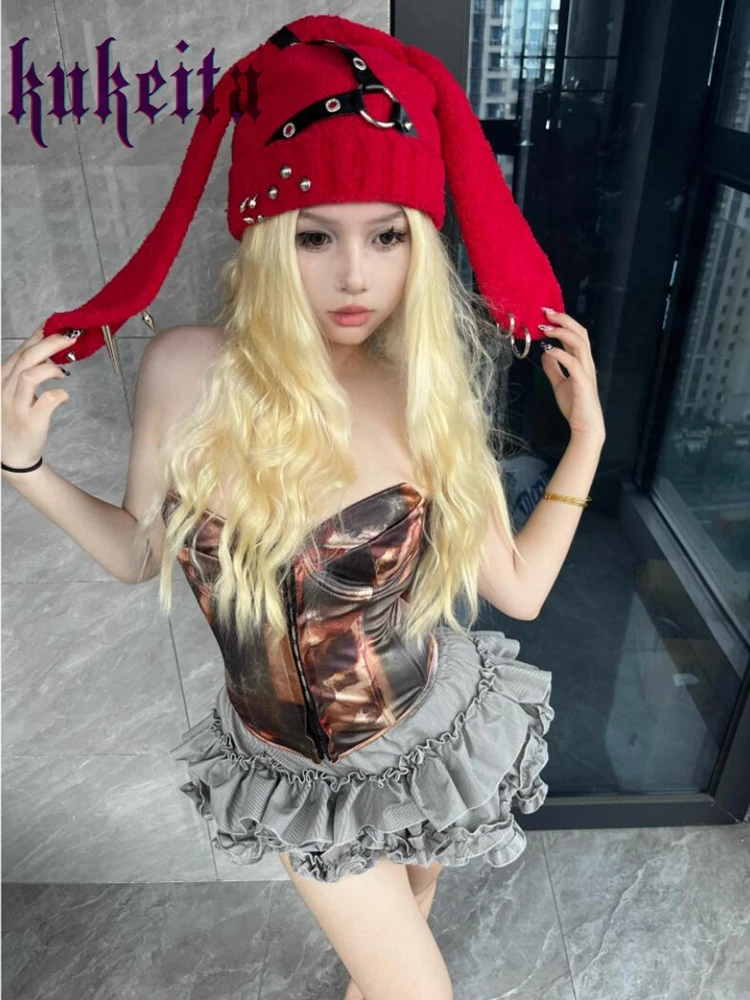 Harajuku Punk Gothic Rivet Rabbit Ear Beanie Hats Y2k Grunge Chic Leather Ring Buckle Black Caps Women Winter Warm Streetwear