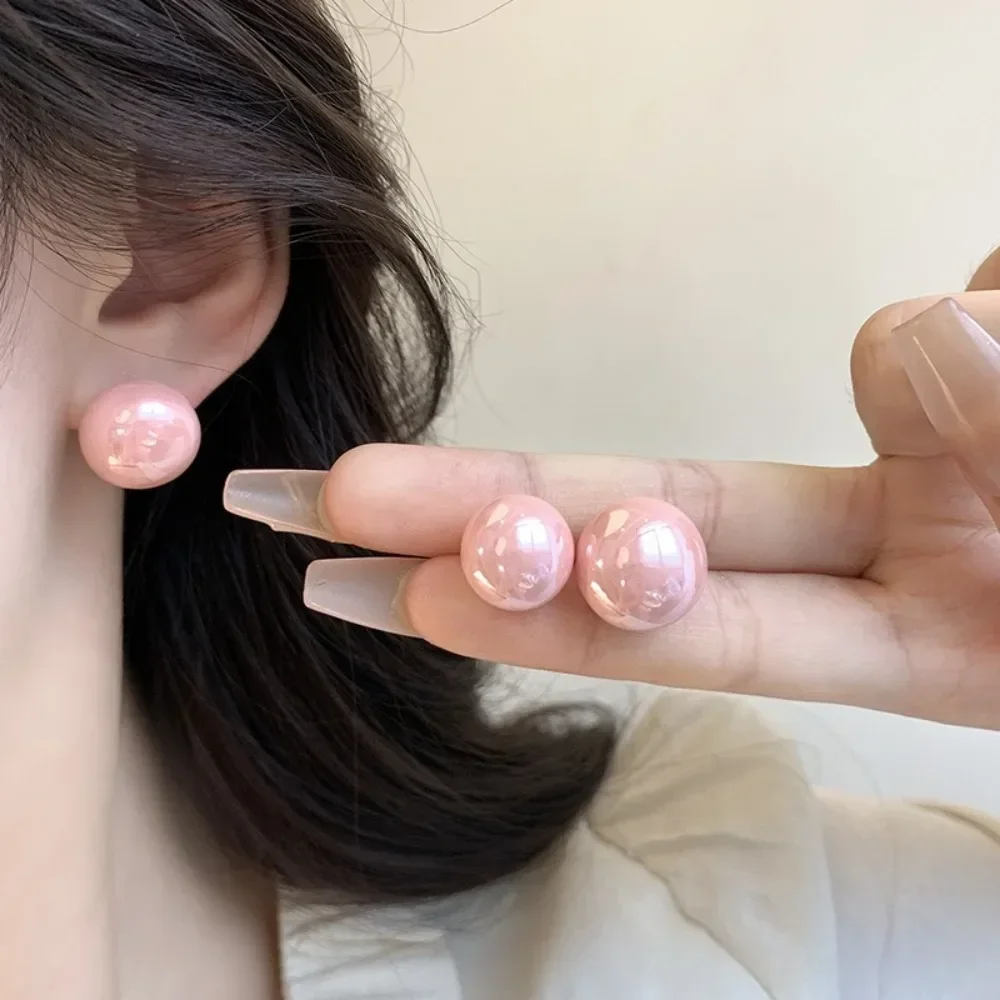 Korean Temperament Pink White Imitation Pearl Stud Earrings for Women Vintage 8mm 16mm Bread Bead Bride Wedding Piercing Jewelry
