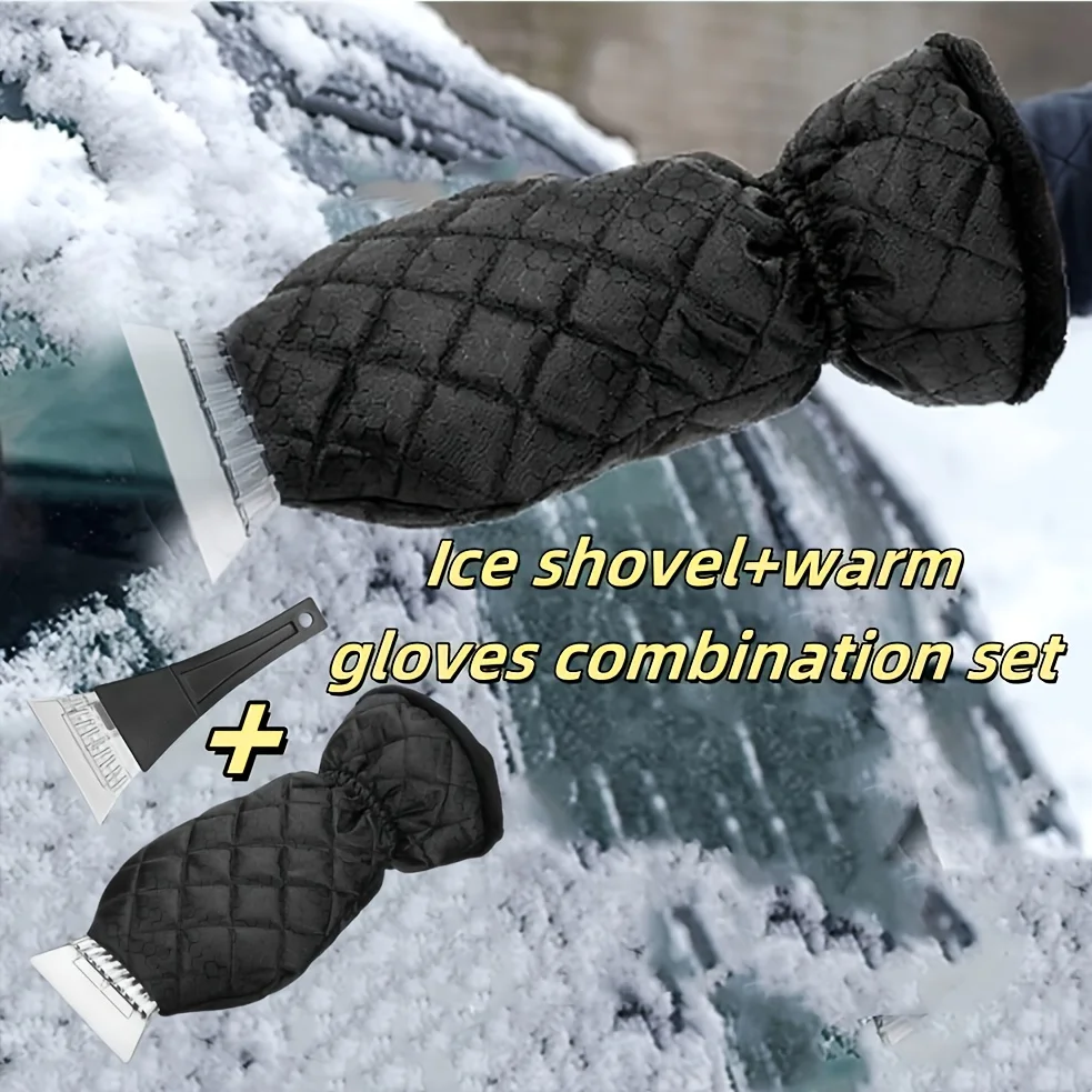 

1set Car Windshield Snow Removal Scraper With Warm Gloves Winter Ice Removal Shovel Window Glass Defrosting Tool Car Maintenance