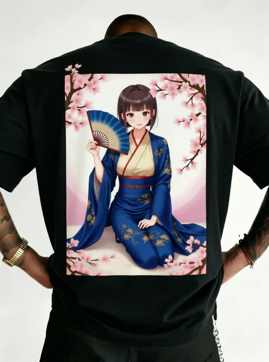 Men's Japanese Anime Geisha Sakura Print T Shirt Casual Cotton Short Sleeve Crewneck Kimono Streetwear Harajuku Tops