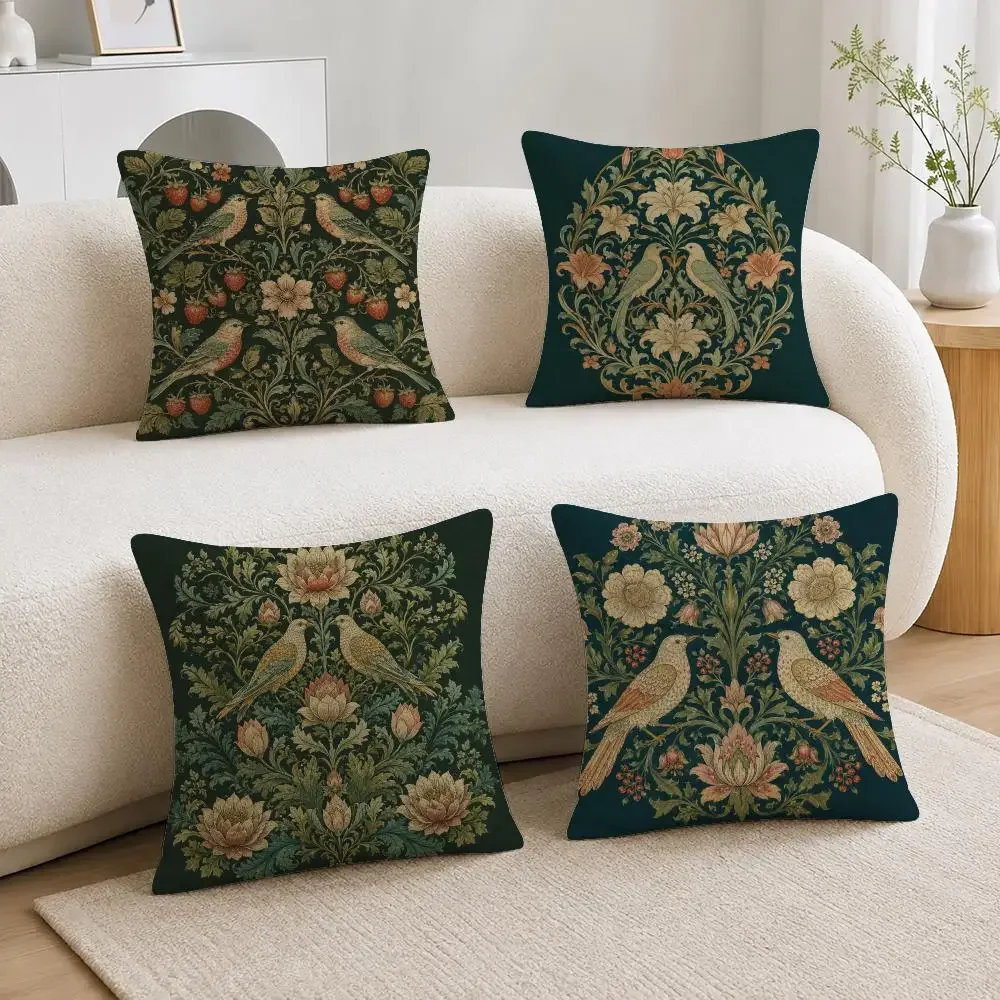 Pattern Bird Floral Botanical Green Linen Cushion Cover Soft Plus Fluffy Throw Pillow Cases for Sofa Bedroom Home Decor