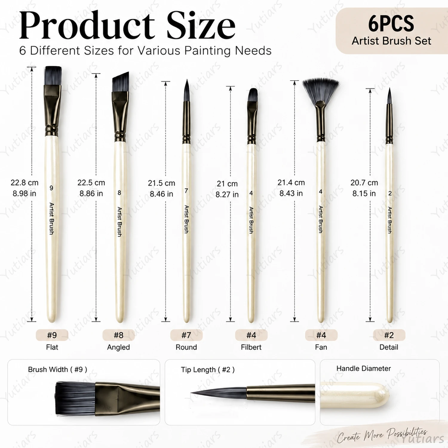 6PCS Artist Brushes Set 6 Shapes Flat Angled Round Filbert Fan Detail for Watercolor Acrylic Gouache Oil Painting Supplies