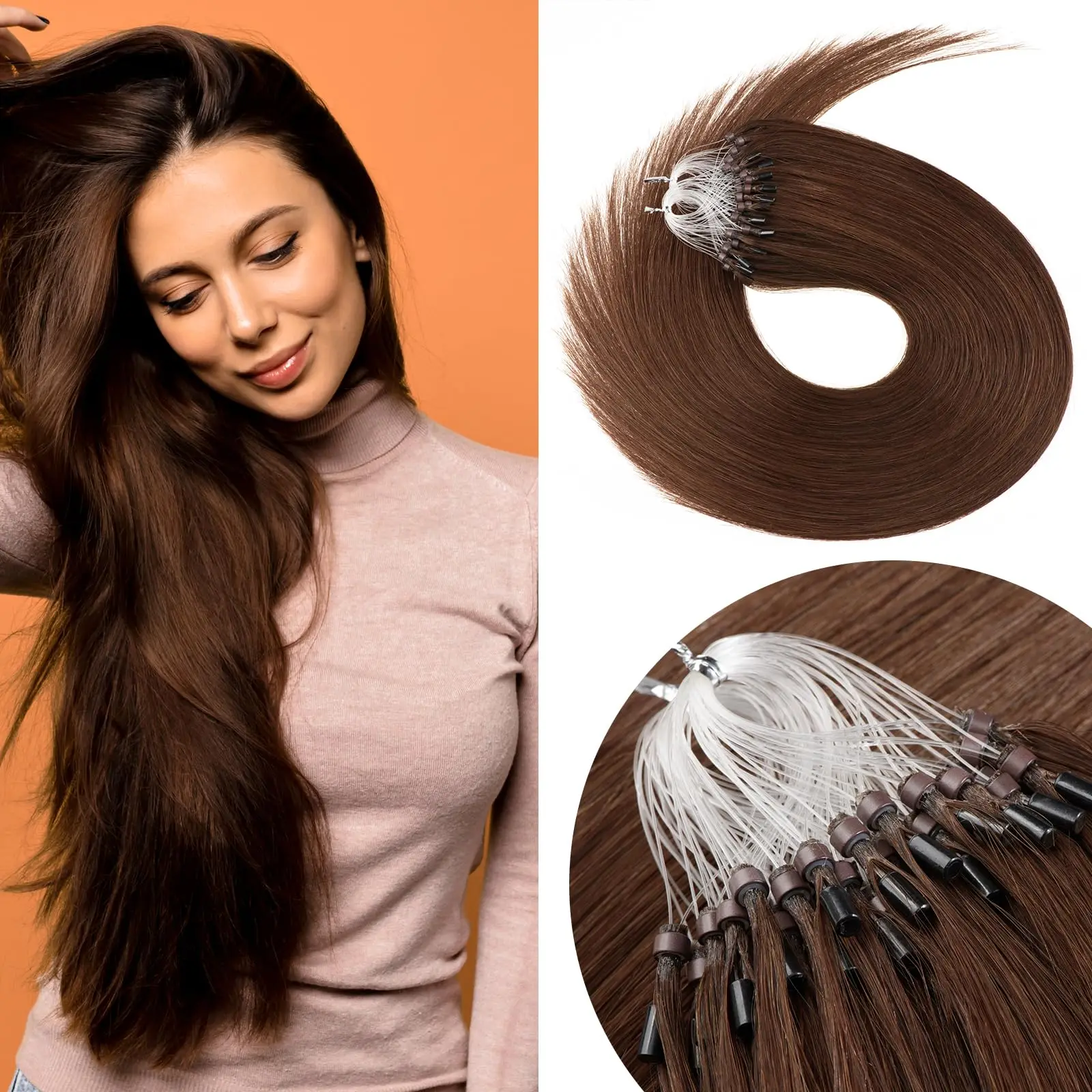 Straight 100% Human Hair Micro Loop Ring Extensions Weft Pre-looped Tips For Secure Long Lasting Hold