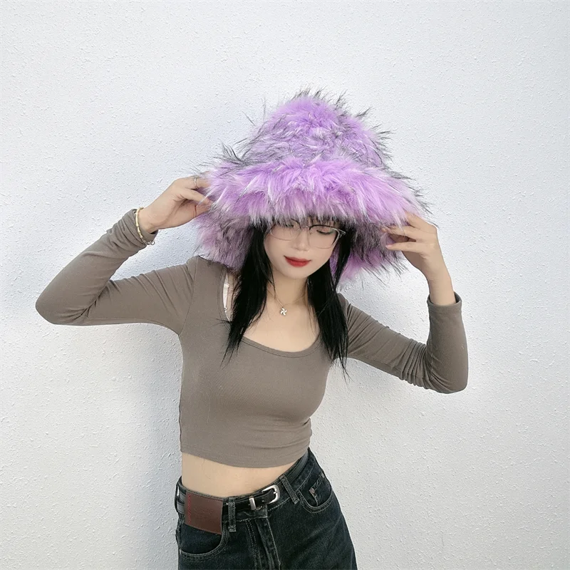 Sombrero de piel sintética Y2K para mujer, gorros de piel de mapache de lujo, sombrero de piel peluda, gorra de esquí rusa para exteriores, moda de invierno, 2023