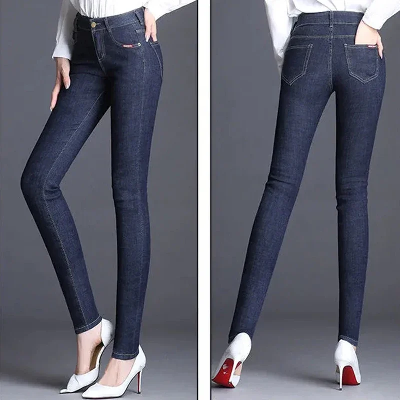 Retro Nữ Quần Jean Plus Kích Thước Co Giãn Bút Chì Denim Quần Nữ Cao Cấp Cổ Điển Đen Skinny Đơn Giản Da Bò Thun Quần Dài