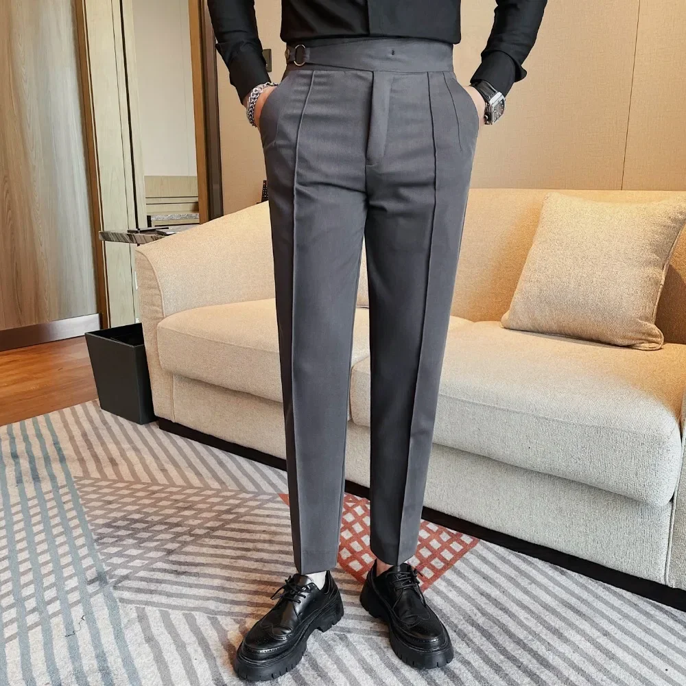 High Waist Men Suit Pants 2024 Autumn British Style Slim Fit Solid Business Casual Formal Dress Trousers Fashion Men Clothing