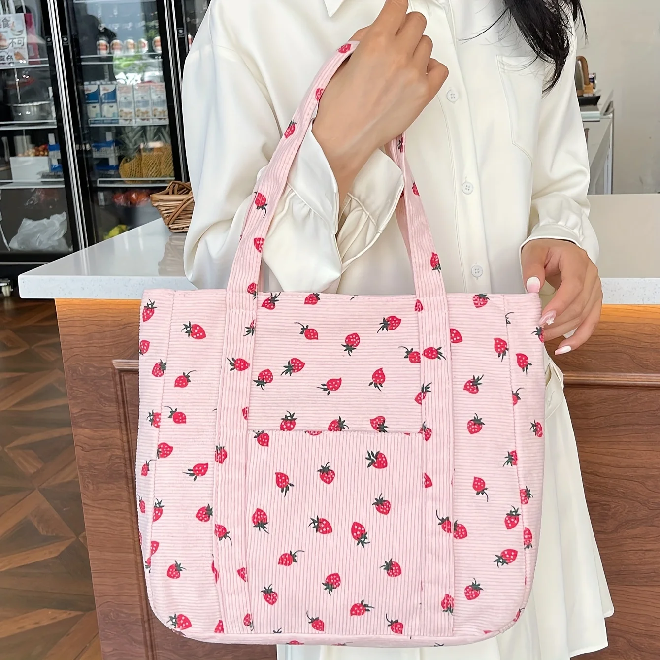 

Chic Pink Strawberry Pattern Corduroy Tote Bag for Women Work Shopping Handbag Shoulder Bag, Cute Purse