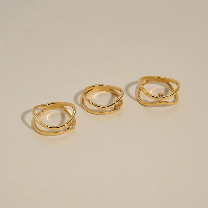 Double layered cz stone thin rings stainless steel rings for women minimalist dainty stainless steel jewelry new in 2024