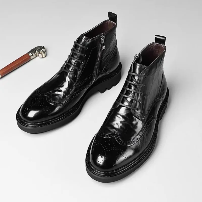 

Mens Winter Boots Leather British Style High Top Business Brogue Shoes Warm Lined