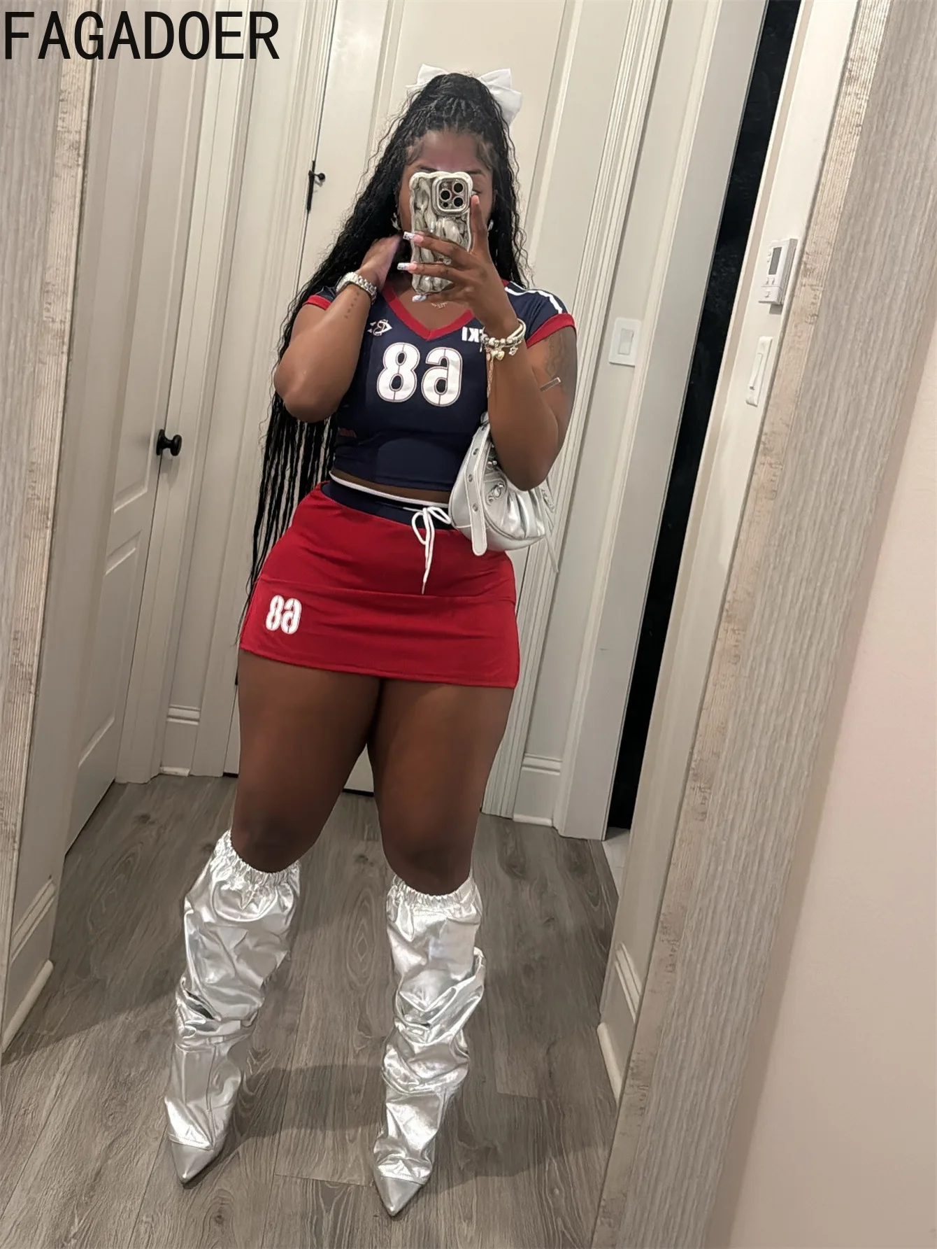FAGADOER Letter Print 2 Piece Sets Women Outfit Y2K Streetwear Color Block V Neck Crop Tops And High Waist Mini Skirt Suits New