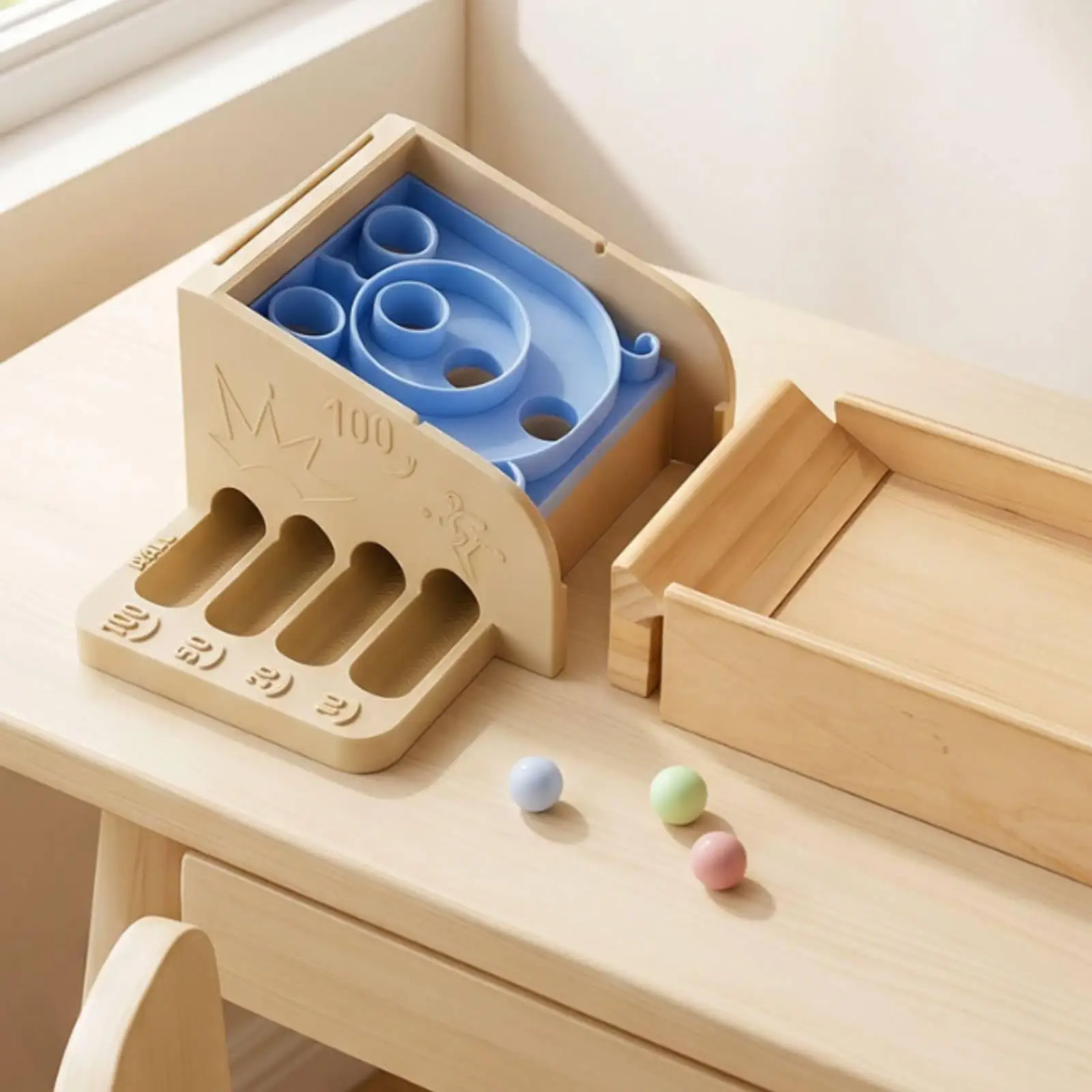 Wooden Marble Toy with Sloped Ramp Detachable Tabletop Arcade Toy Compact Marble Run Set for Kids, Young Children, Playroom,