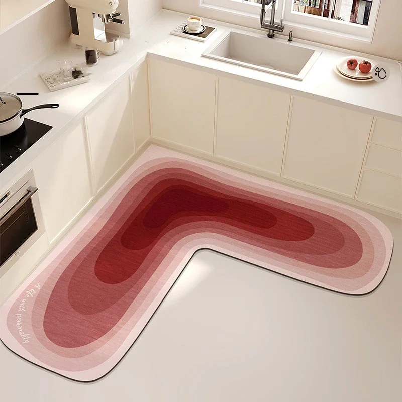 Kitchen Floor Mat Water-absorbing Non-slip Mats L-shaped Diatom Mud Oil-absorbing Carpet Black Gradient Rug Home Decoration Rugs