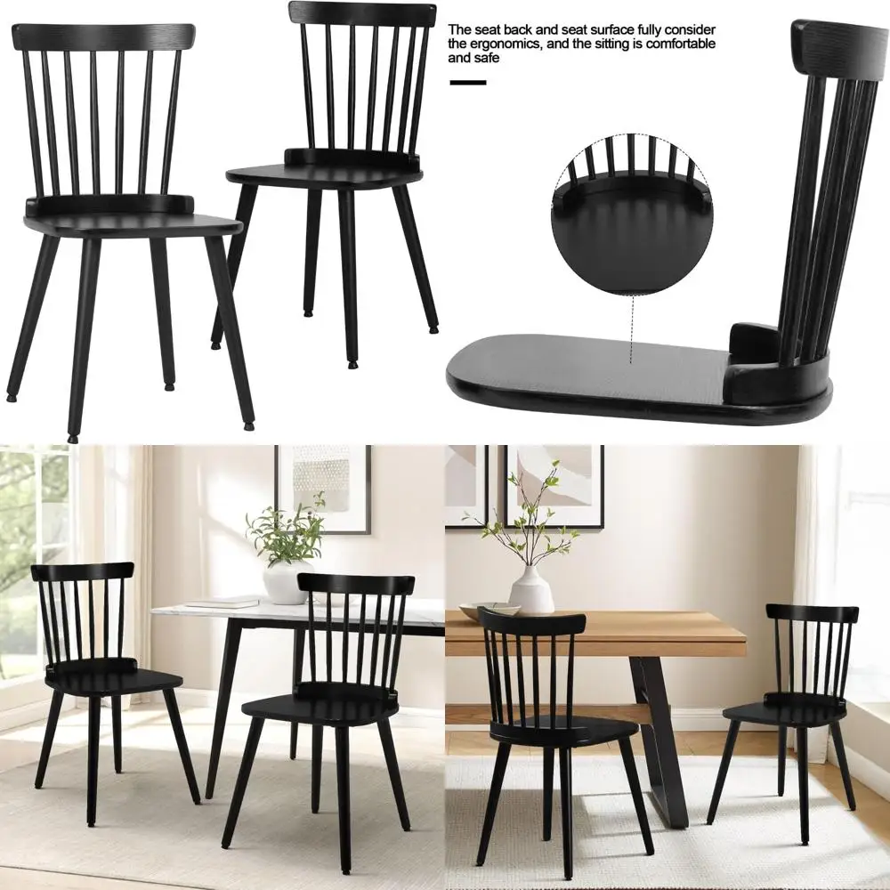 

Pair of Black Windsor Spindle Back Farmhouse Dining Chairs with Solid Wood Legs for Kitchen or Dining Room