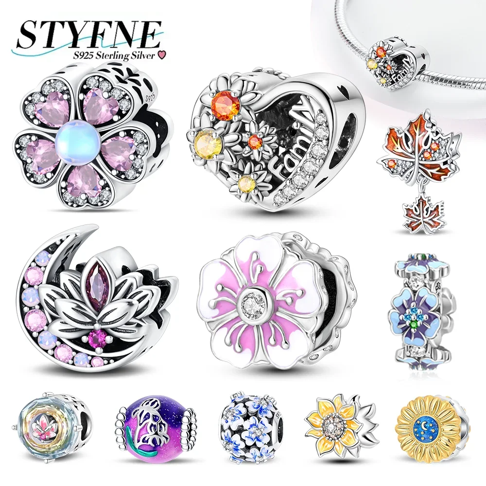 925 Sterling Silver Sunflower Sakura Lotus Colorful Dangle Pendants Bangle Jewelry Fit Women Making Fine Gifts