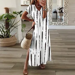 Women's S-2XL Plus  Size Striped printed short sleeved split V-neck loose long dress for women's clothing  sexy dress