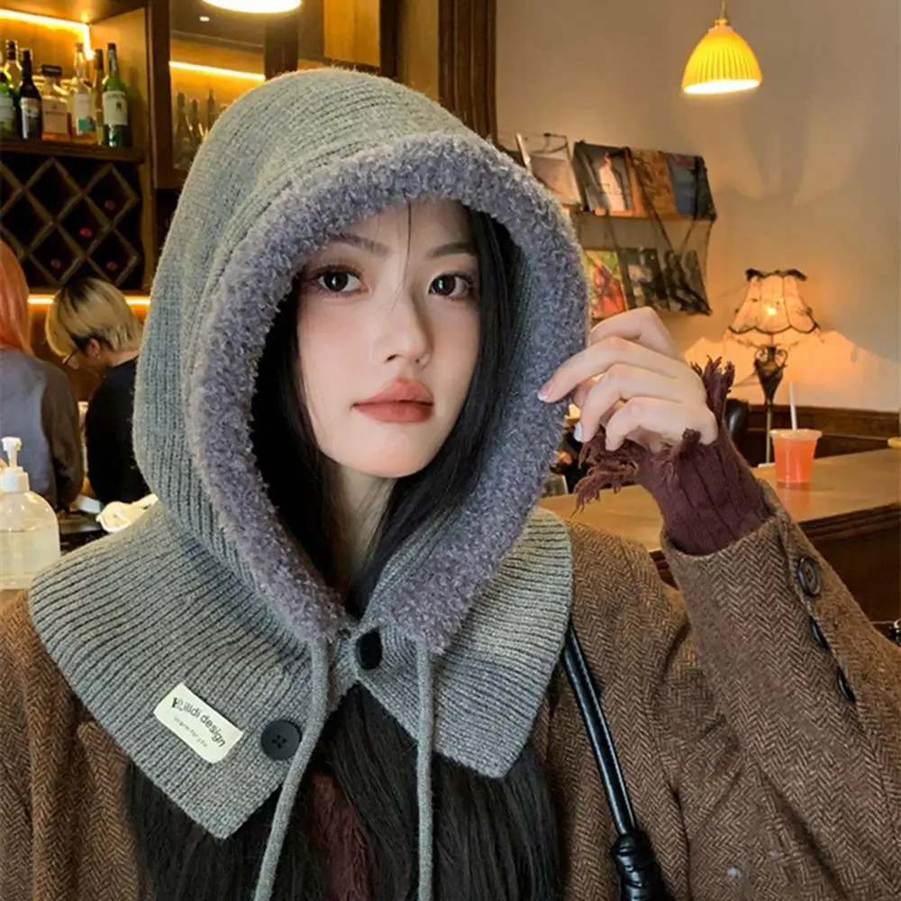 

Knitted Balaclava Hat for Women Winter Hooded Caps Plus Velvet Liner Drawstring Hats One-piece Knitted Neck Collar Beanies Cap