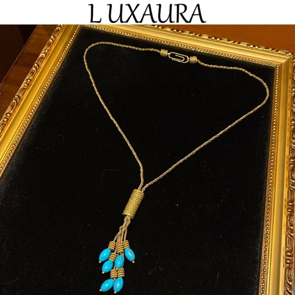 

Vintage fashion classic copper plated 18K blue natural turquoise paired with bohemian women's jewelry necklace