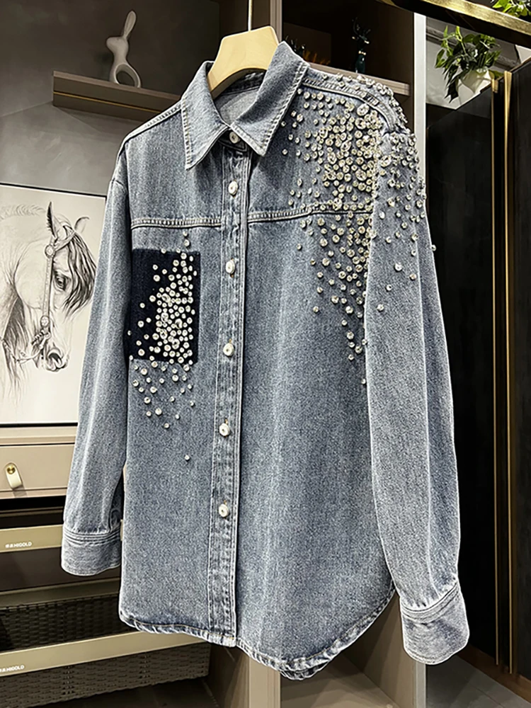 DEAT Women\'s Denim Shirt Patchwork Single Pocket Panelled Loose Long Sleeve Diamonds Blouse 2024 Autumn New Fashion 29L2946
