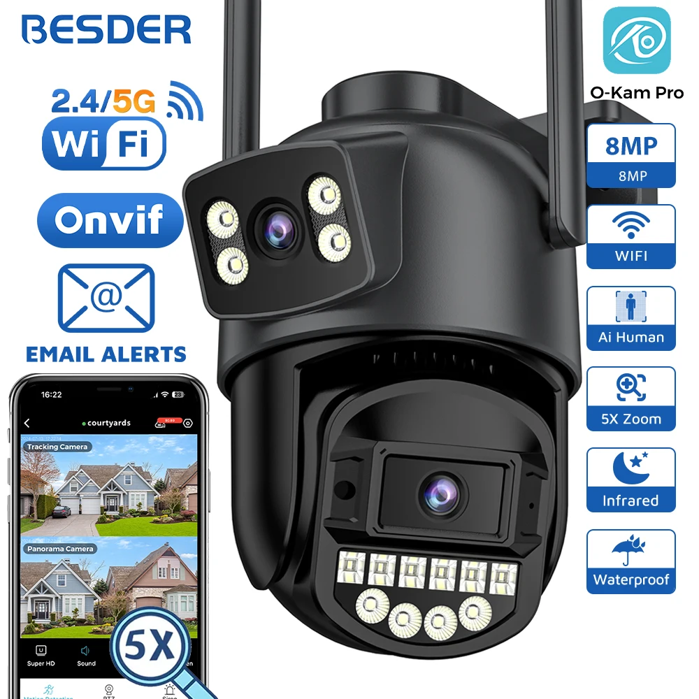 BESDER PTZ 8MP Wifi Camera Dual Screen Auto Tracking Color Night Vision Outdoor CCTV Camera IP 4K Security Protection iCSee App