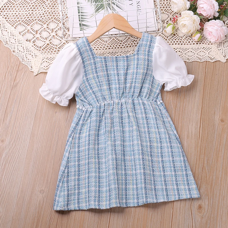 Summer Dress For Girls Puff Sleeve Princess Dress Plaid Kids Clothes Girl Dress Baby Girl Clothes