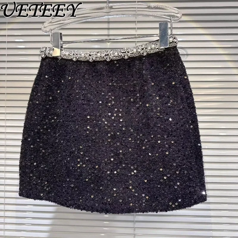 2023 Winter New Non-Mainstream Style Rhinestone Beaded Waist Design Short Skirts Hot Girl Sequin Hip Mini Skirt for Women