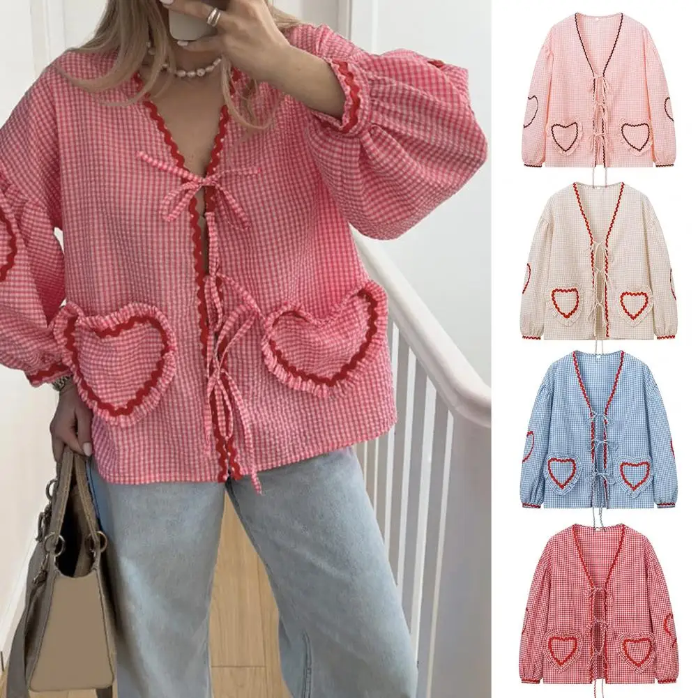 

Women Shirt Long Sleeve Lace-up Cardigan Shirt Plaid Print Heart Splicing Pattern Blouse Loose Fit Tops With Pockets Streetwear