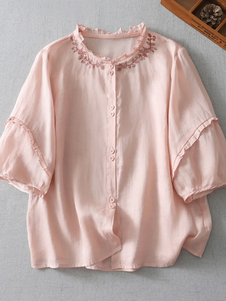 Ele bordado cáñamo irt mujer verano único hermoso f Sve Top Vintage Sle suelta ajuste botón detalle