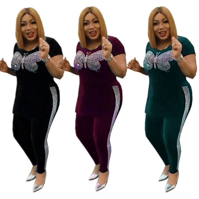 

Autumn Winter Fashion Velvet Short Sleeve Rhinestone 2 Piece Tracksuit Women Casual Solid Color Well Fitting Suits Chic Outfits