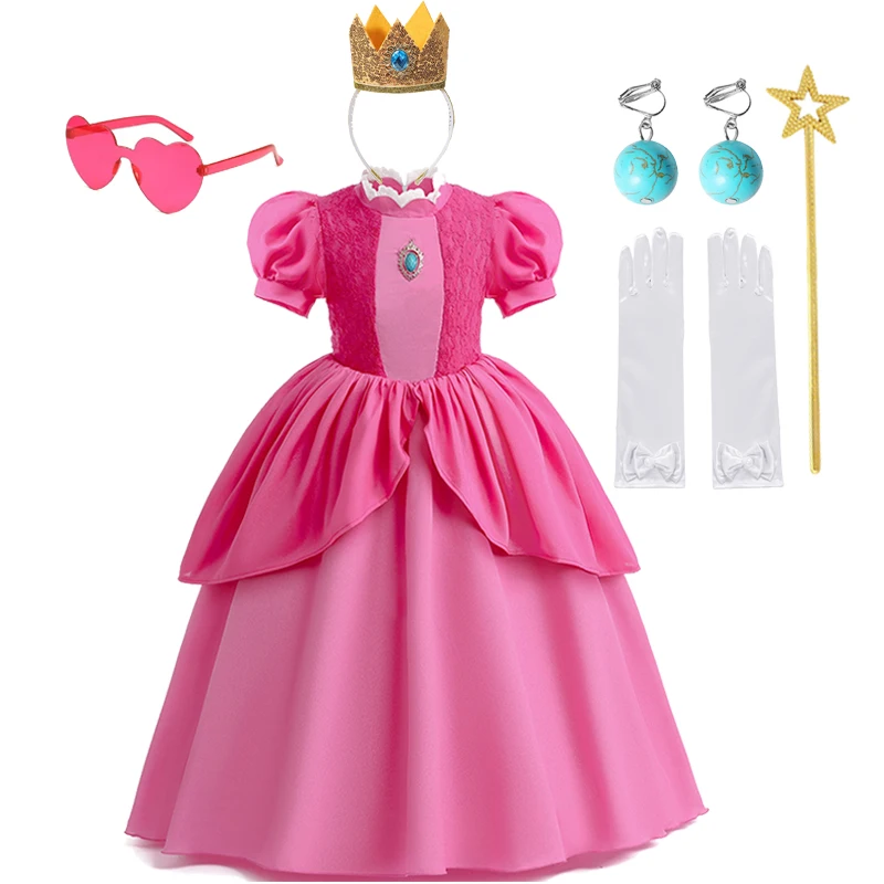 Peach Princess Cosplay Dress Girl Movie Role Playing Costume Birthday Party Stage Performance Outfit Kids Carnival Fancy Clothes