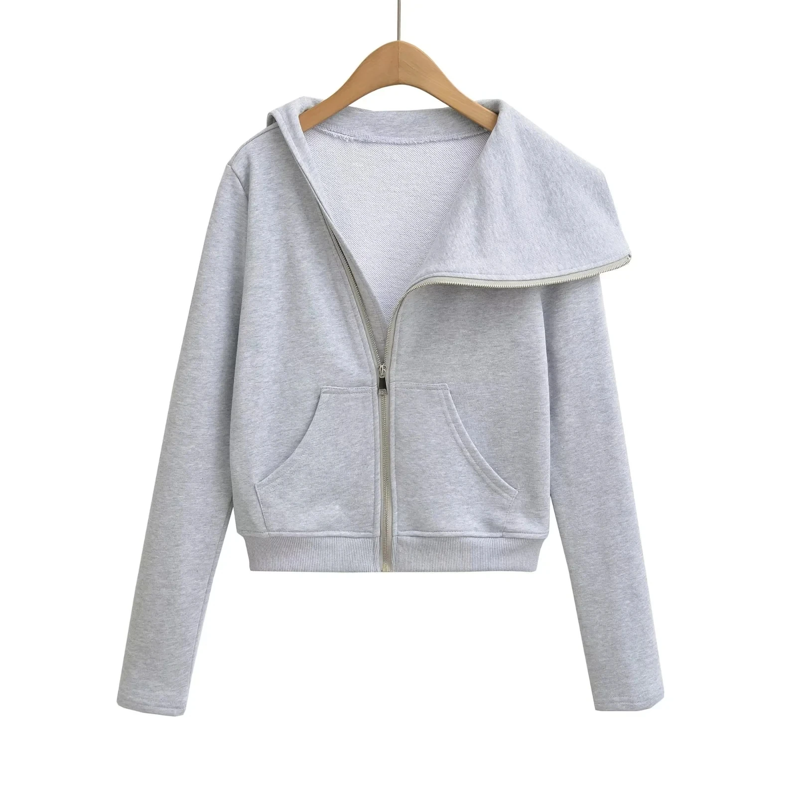 เสื้อฮู้ดดี้ซิปแบบอสมมาตรสไตล์อเมริกันสำหรับผู้หญิง ทรงหลวม ช่วยให้ดูผอม แขนยาว คอเฉียง เสื้อกันหนาวสำหรับฤดูใบไม้ร่วง