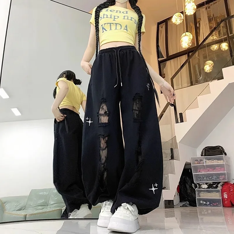 Women's 2026 New High Waist Drawstring Ripped Mesh Pants Star Print Wide Leg Casual Streetwear Hip Hop Jazz Dance Trousers