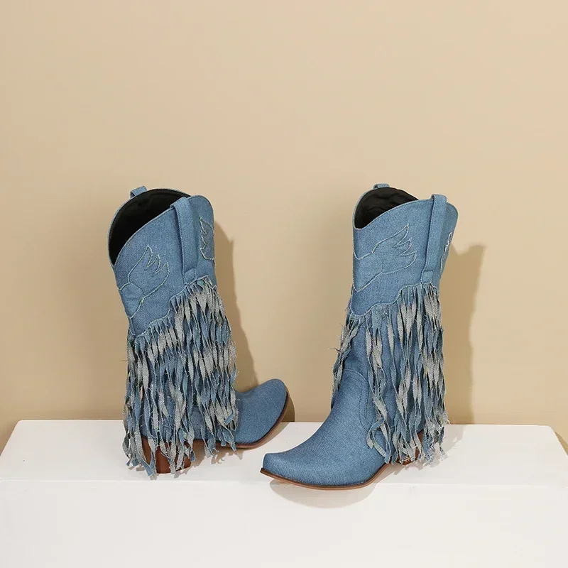 Botas occidentales de invierno a media pantorrilla para mujer, botas vaqueras con flecos azules, tacones altos de bloque, botas medias sin cordones con borlas y punta redonda para invierno