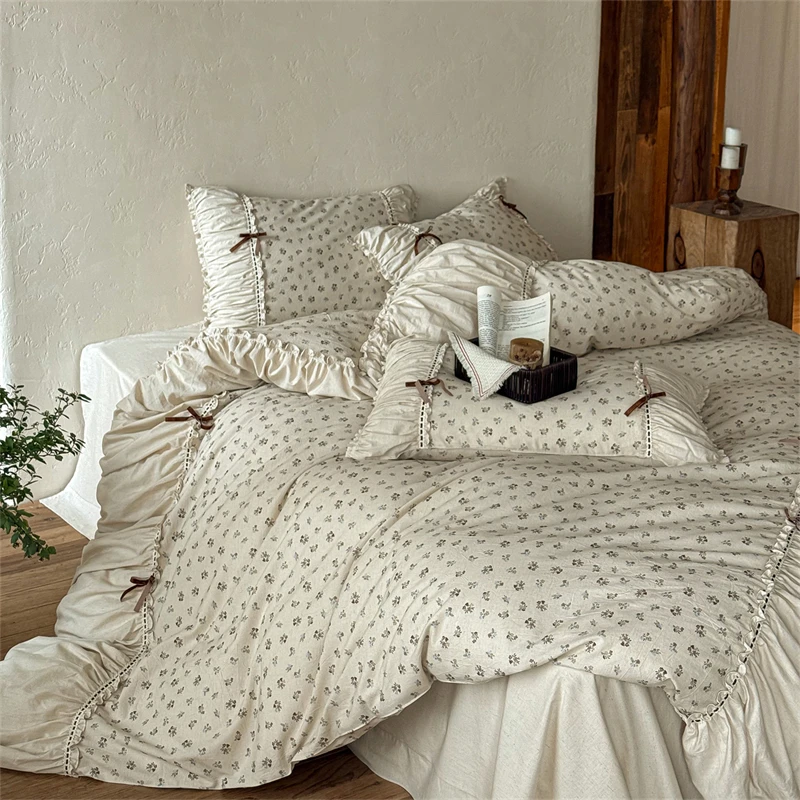 Natural Cotton Linen Vintage Tiny Floral Velvet Bow Ruffled Edges Cottagecore Bedding Set Duvet Cover Bed Sheet Pillowcases 4Pcs