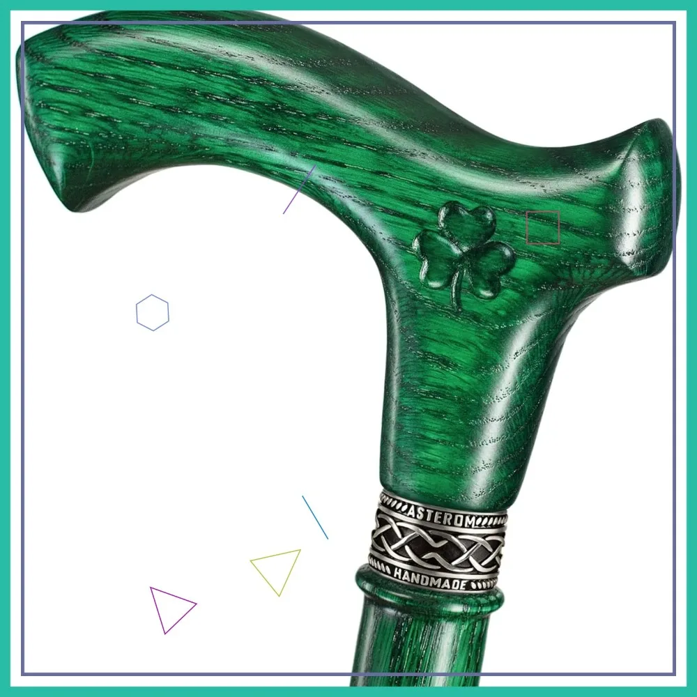 

Handmade Wooden Irish Walking Cane for Men and Women - Ergonomic, Green Shamrock Design - 36 Inch