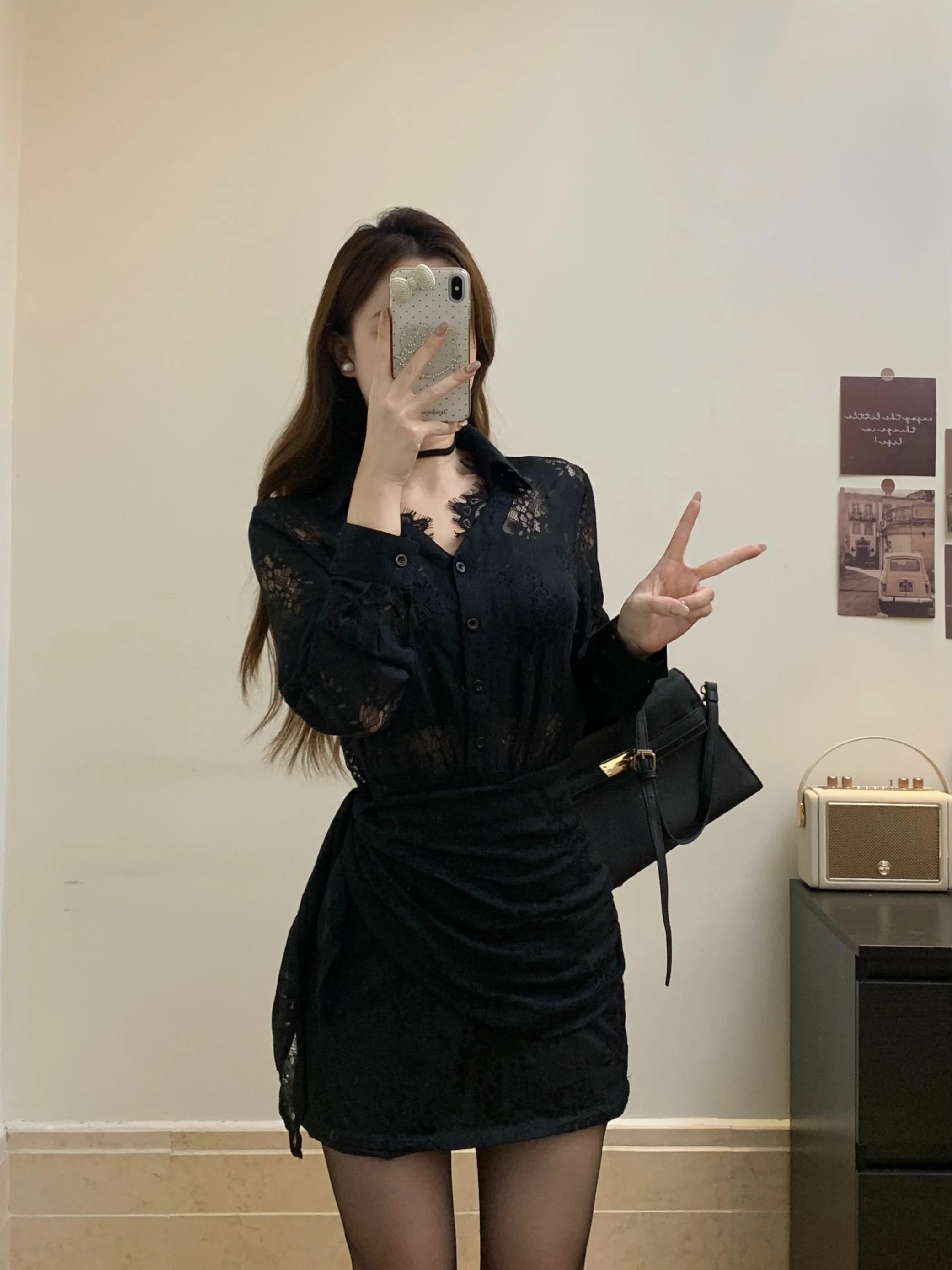 

plus Size Lace Splice Dress Autumn Winter New Style Slimming Design High Waist Black Dress Korean Style Commute Fashion