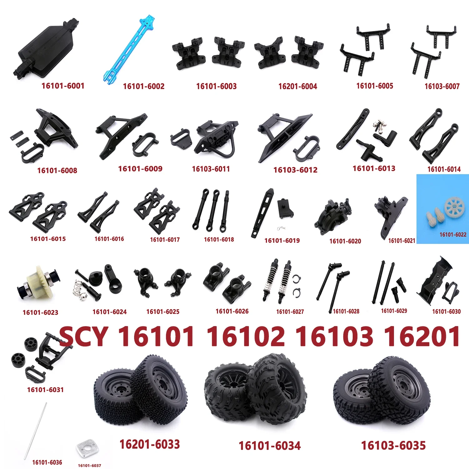 SCY 16101 16102 16103 16201 RC Car Parts Chassis Second Floor Shock Bracket Front Bumper Head Wheel Rear Drive Shaft Differentia