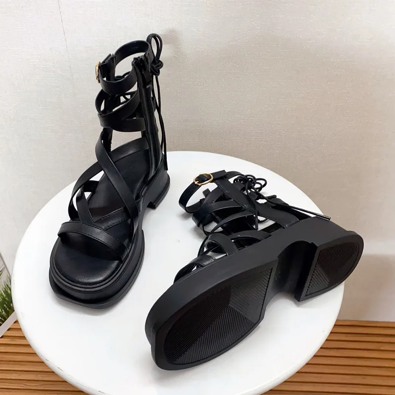 Sexy High Top Cross Strap Sandals Women Summer Fashion Hollow Zip Design Open Toe Roman Gladiator Thick-soled Platform Sandals