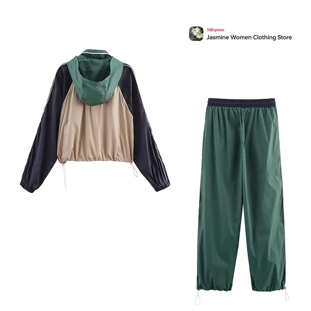 Women's Green&Ecru Sport Suit High Collar Colorblock Short Jacket with Hood and Straight Leg Pants with Contrasting Side Stripes